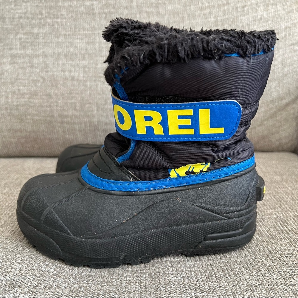 Kid’s Sorel Winter Snow Boots Toddler Boy 12 Black Blue Yellow Faux Fur - Picture 3 of 12